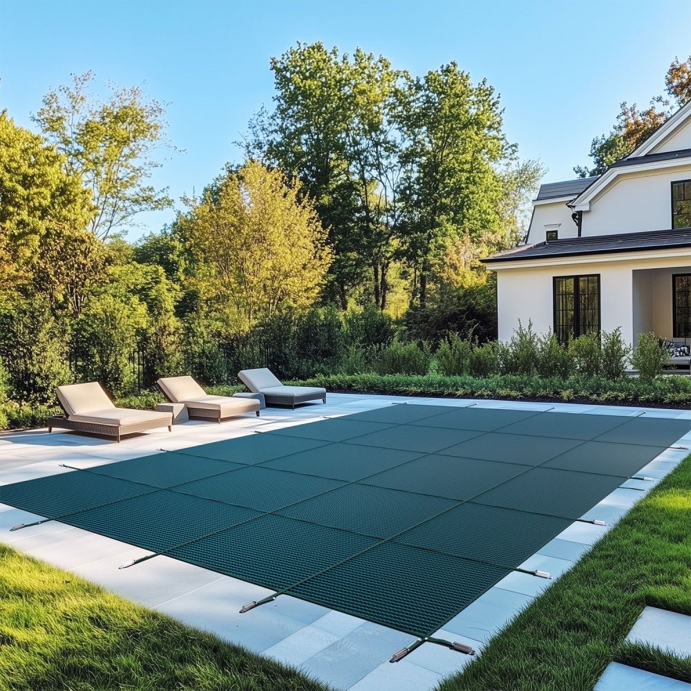 A quality pool cover in place over a Cleveland South Euclid home’s pool, showcasing durability against winter conditions