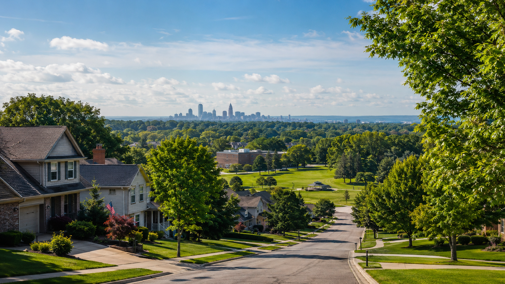 Suburban neighborhood in Seven Hills, OH with tree-lined streets, green lawns, rolling hills, and a distant Cleveland skyline